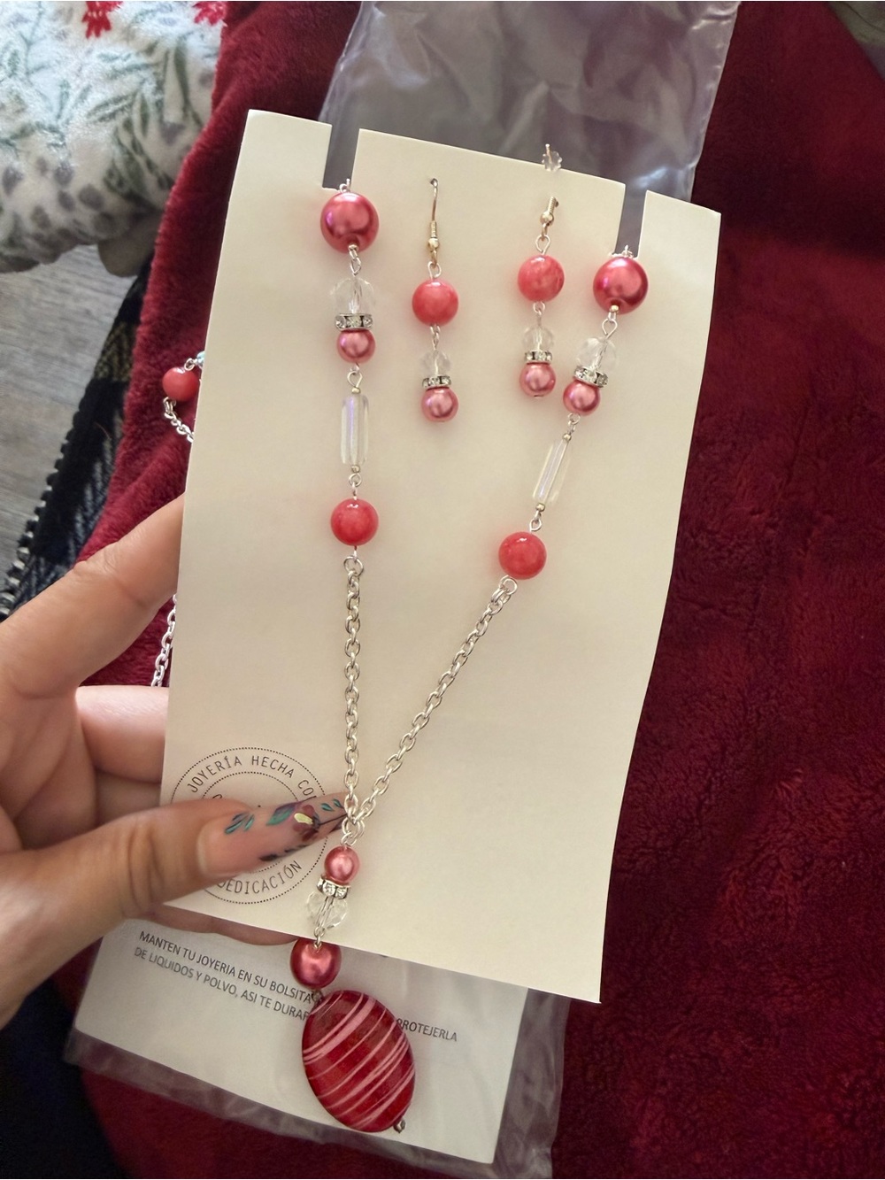 Handmade Pink Bead Pendant Necklace and Earring Set